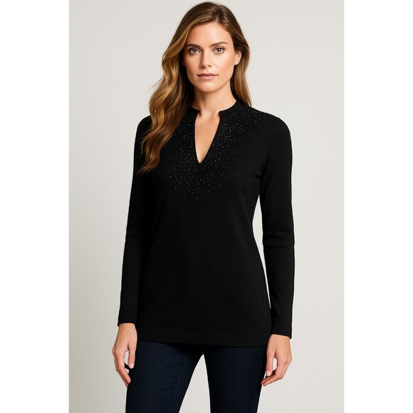 Tory Burch Merino Wool Beaded Tunic Top Black L Embellished V-Neck Long Sleeve - Picture 13 of 14